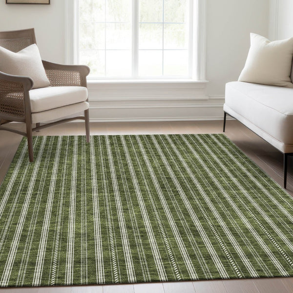 HomeRoots 5' X 8' Olive Green Striped Area Rug - Washable, UV Protected, Durable for Kids & Pets, Stylish Decor 673863