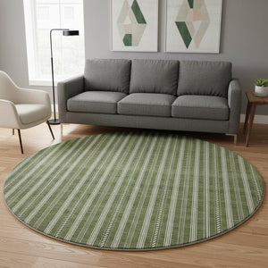 HomeRoots 8' Olive Green and Ivory Striped Round Rug - Washable, UV-Protected, Stylish for Any Space! 673864