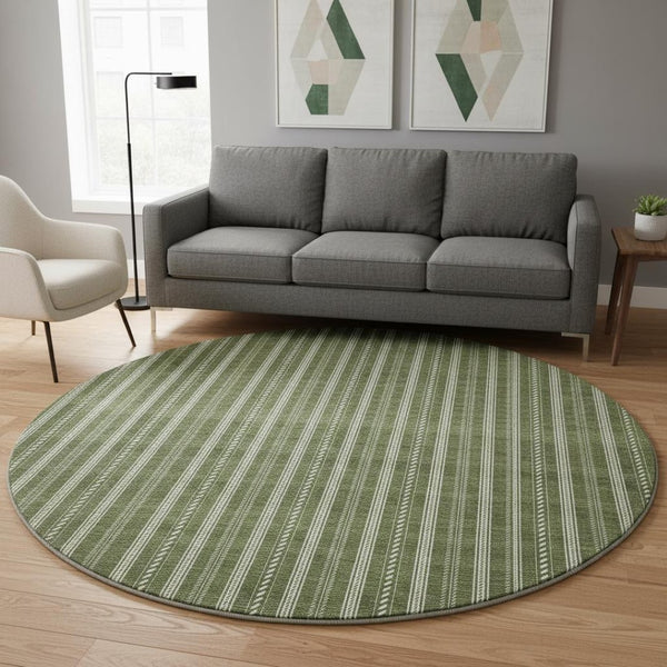 HomeRoots 8' Olive Green and Ivory Striped Round Rug - Washable, UV-Protected, Stylish for Any Space! 673864