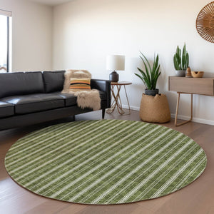 HomeRoots 8' Olive Green and Ivory Striped Round Rug - Washable, UV-Protected, Stylish for Any Space! 673864