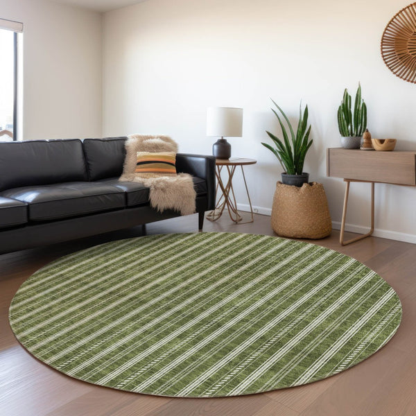 HomeRoots 8' Olive Green and Ivory Striped Round Rug - Washable, UV-Protected, Stylish for Any Space! 673864