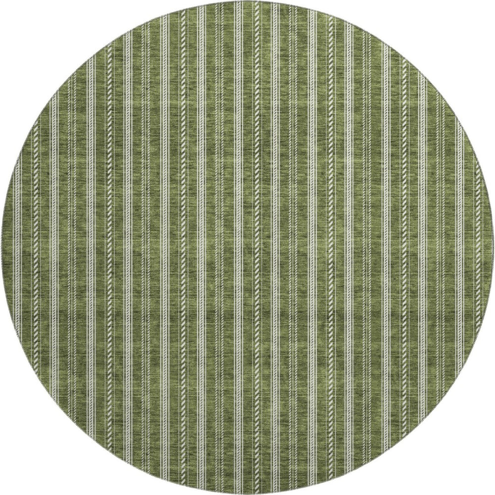 HomeRoots 8' Olive Green and Ivory Striped Round Rug - Washable, UV-Protected, Stylish for Any Space! 673864