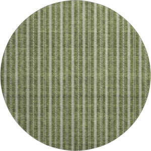 HomeRoots 8' Olive Green and Ivory Striped Round Rug - Washable, UV-Protected, Stylish for Any Space! 673864