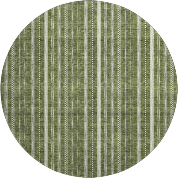 HomeRoots 8' Olive Green and Ivory Striped Round Rug - Washable, UV-Protected, Stylish for Any Space! 673864