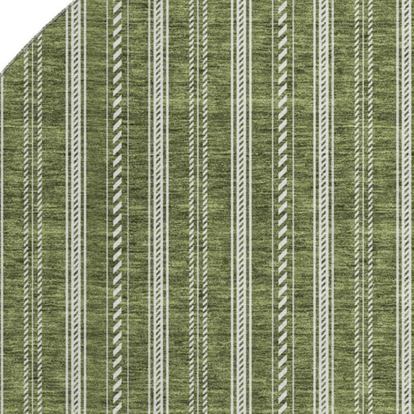 HomeRoots 8' Olive Green and Ivory Striped Round Rug - Washable, UV-Protected, Stylish for Any Space! 673864