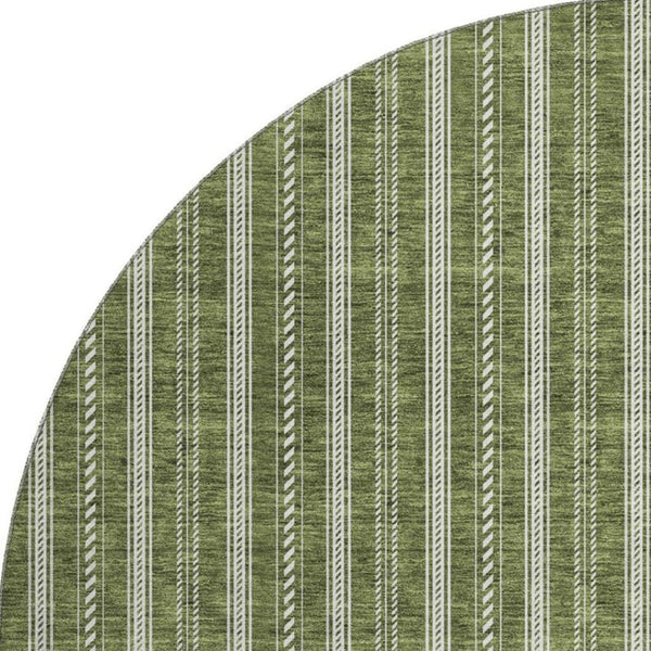 HomeRoots 8' Olive Green and Ivory Striped Round Rug - Washable, UV-Protected, Stylish for Any Space! 673864
