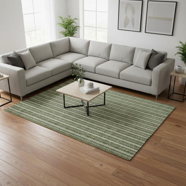 HomeRoots 9' X 12' Olive Green Striped Area Rug - Stylish, Washable, Stain Resistant, UV Protected for Homes 673866