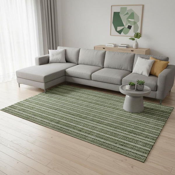 HomeRoots 10' Olive Green & Ivory Striped Washable Area Rug with UV Protection for High-Traffic Spaces 673867