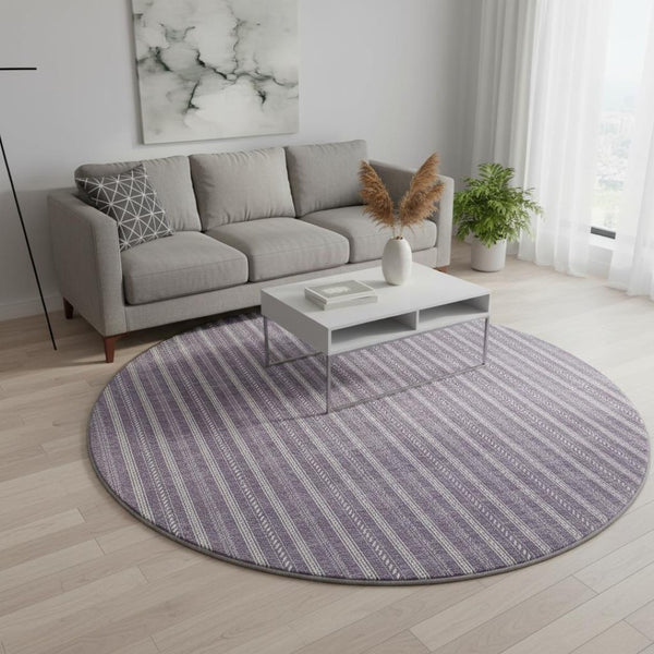 HomeRoots 8' Striped Washable Round Rug in Purple & Ivory - Durable, UV Protected, Perfect for Any Room! 673870