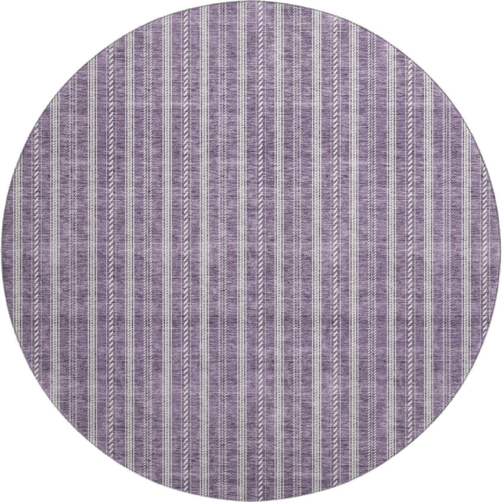 HomeRoots 8' Striped Washable Round Rug in Purple & Ivory - Durable, UV Protected, Perfect for Any Room! 673870