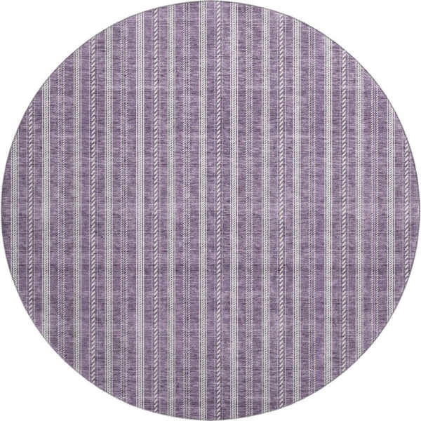 HomeRoots 8' Striped Washable Round Rug in Purple & Ivory - Durable, UV Protected, Perfect for Any Room! 673870