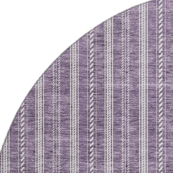 HomeRoots 8' Striped Washable Round Rug in Purple & Ivory - Durable, UV Protected, Perfect for Any Room! 673870
