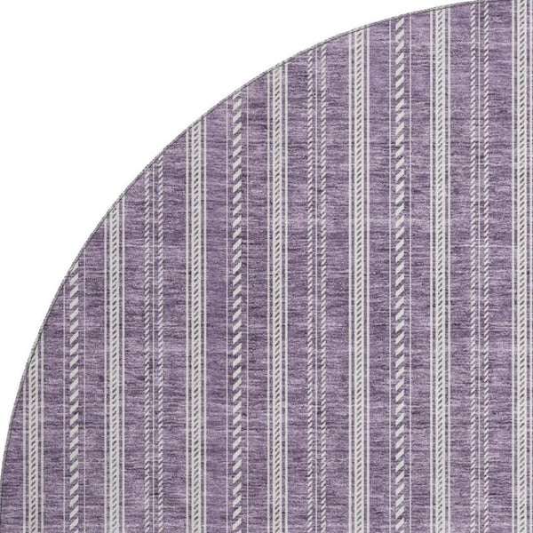 HomeRoots 8' Striped Washable Round Rug in Purple & Ivory - Durable, UV Protected, Perfect for Any Room! 673870