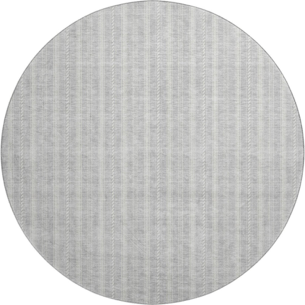 HomeRoots 8' Silver and Ivory Striped Washable Round Rug - Stain-Resistant, UV Protected, Kid & Pet Safe! 673876