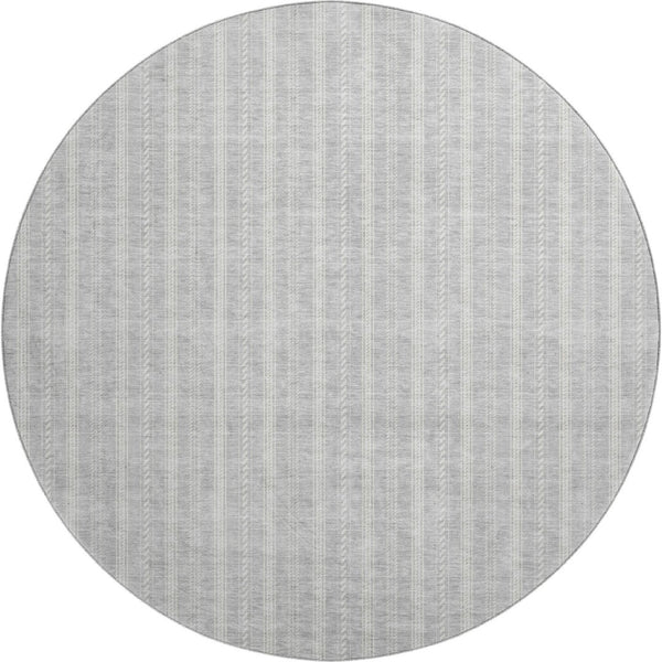 HomeRoots 8' Silver and Ivory Striped Washable Round Rug - Stain-Resistant, UV Protected, Kid & Pet Safe! 673876