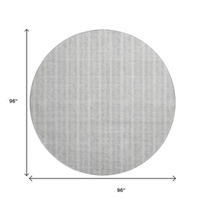 HomeRoots 8' Silver and Ivory Striped Washable Round Rug - Stain-Resistant, UV Protected, Kid & Pet Safe! 673876