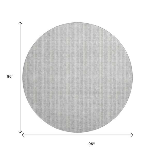 HomeRoots 8' Silver and Ivory Striped Washable Round Rug - Stain-Resistant, UV Protected, Kid & Pet Safe! 673876
