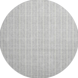 HomeRoots 8' Silver and Ivory Striped Washable Round Rug - Stain-Resistant, UV Protected, Kid & Pet Safe! 673876