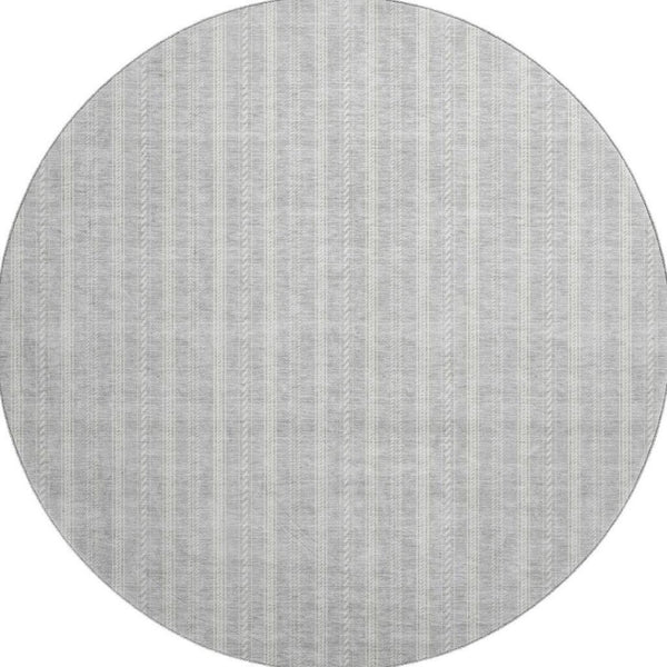 HomeRoots 8' Silver and Ivory Striped Washable Round Rug - Stain-Resistant, UV Protected, Kid & Pet Safe! 673876