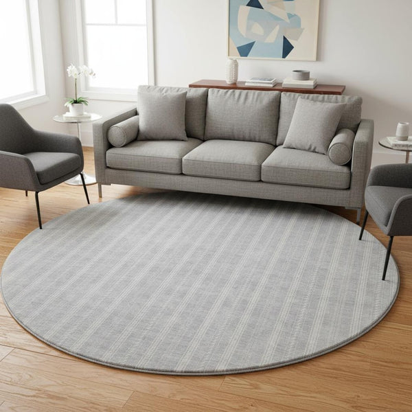 HomeRoots 8' Silver and Ivory Striped Washable Round Rug - Stain-Resistant, UV Protected, Kid & Pet Safe! 673876