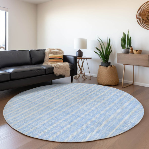 HomeRoots 8' Sky Blue and Ivory Striped Round Rug - Washable, UV-Protected, Stain-Resistant Coastal Charm! 673882