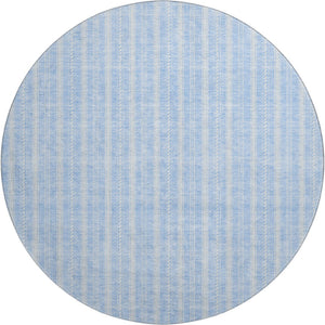 HomeRoots 8' Sky Blue and Ivory Striped Round Rug - Washable, UV-Protected, Stain-Resistant Coastal Charm! 673882