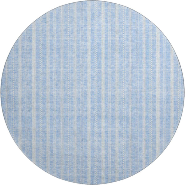 HomeRoots 8' Sky Blue and Ivory Striped Round Rug - Washable, UV-Protected, Stain-Resistant Coastal Charm! 673882