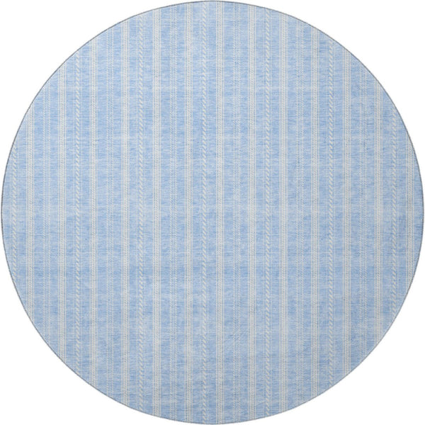 HomeRoots 8' Sky Blue and Ivory Striped Round Rug - Washable, UV-Protected, Stain-Resistant Coastal Charm! 673882
