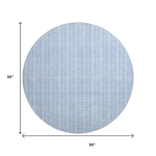 HomeRoots 8' Sky Blue and Ivory Striped Round Rug - Washable, UV-Protected, Stain-Resistant Coastal Charm! 673882