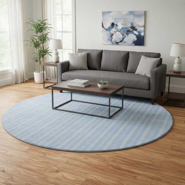 HomeRoots 8' Sky Blue and Ivory Striped Round Rug - Washable, UV-Protected, Stain-Resistant Coastal Charm! 673882