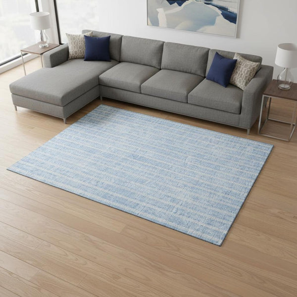 HomeRoots 9' X 12' Sky Blue & Ivory Striped Area Rug - Washable, UV-Protected, Stylish for Homes & Pets 673884