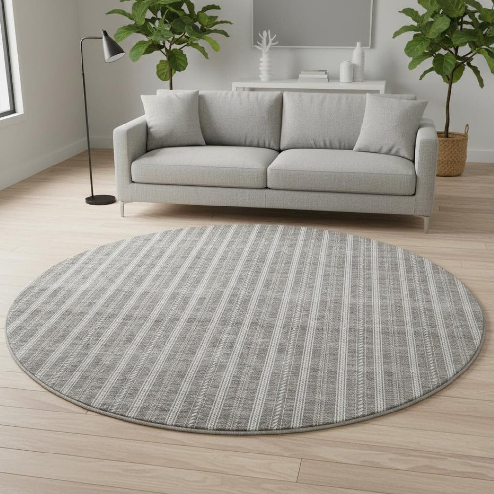 HomeRoots 8' Washable Round Rug with Taupe and Ivory Stripes – UV Protection, Durable, Stylish for Any Space 673888