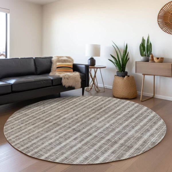 HomeRoots 8' Washable Round Rug with Taupe and Ivory Stripes – UV Protection, Durable, Stylish for Any Space 673888