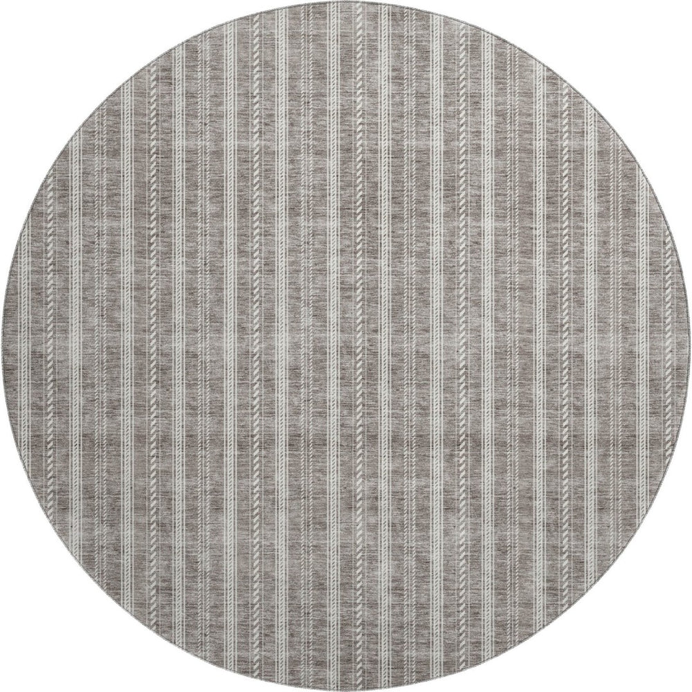 HomeRoots 8' Washable Round Rug with Taupe and Ivory Stripes – UV Protection, Durable, Stylish for Any Space 673888