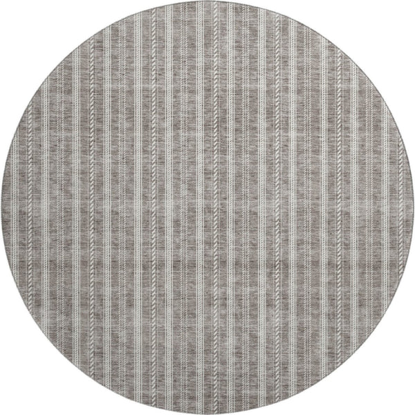 HomeRoots 8' Washable Round Rug with Taupe and Ivory Stripes – UV Protection, Durable, Stylish for Any Space 673888