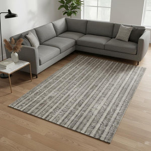 HomeRoots 9' X 12' Washable Taupe and Ivory Striped Area Rug with UV Protection for Family-Friendly Homes 673890