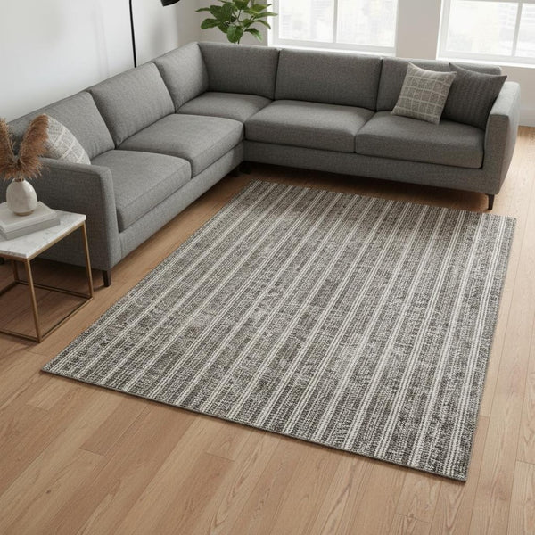 HomeRoots 10' X 14' Taupe and Ivory Striped Area Rug - Washable, UV-Protected, Durable Design for Busy Homes 673891