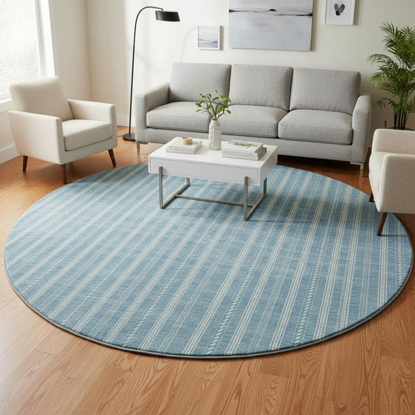 HomeRoots 8' Teal and Ivory Striped Round Rug - Washable, UV-Protected, Durable for Homes with Kids & Pets 673894