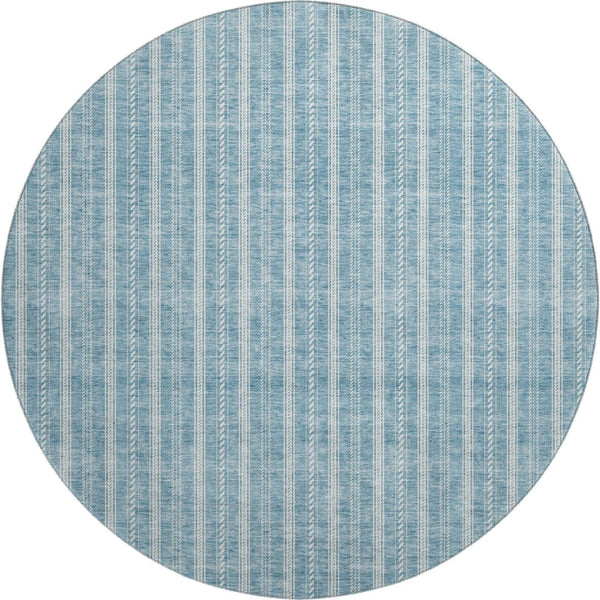 HomeRoots 8' Teal and Ivory Striped Round Rug - Washable, UV-Protected, Durable for Homes with Kids & Pets 673894