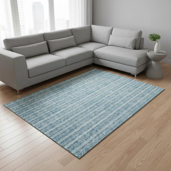 HomeRoots 8' X 10' Teal and Ivory Striped Area Rug - Washable, UV-Protected, Durable for Kids and Pets! 673895