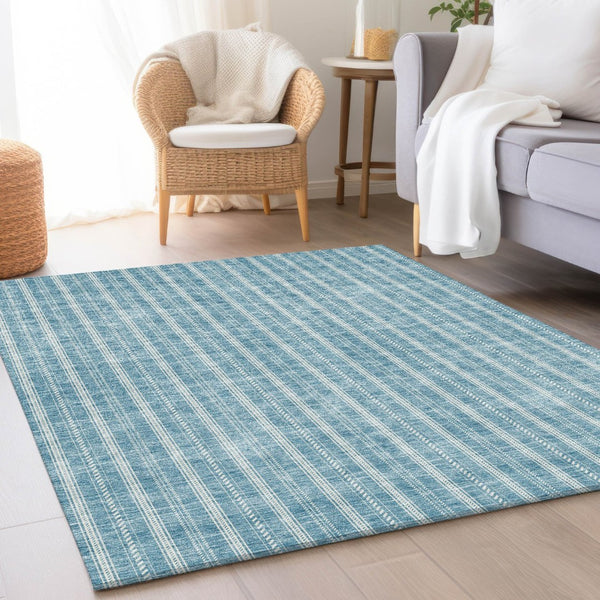 HomeRoots 8' X 10' Teal and Ivory Striped Area Rug - Washable, UV-Protected, Durable for Kids and Pets! 673895