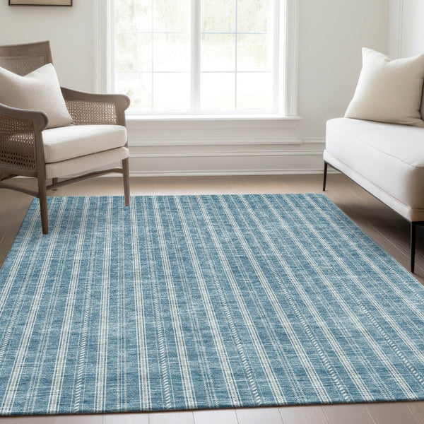 HomeRoots 8' X 10' Teal and Ivory Striped Area Rug - Washable, UV-Protected, Durable for Kids and Pets! 673895
