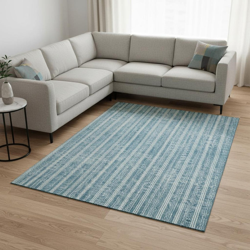 HomeRoots 9' X 12' Teal and Ivory Striped Area Rug - Washable, UV Protected, Stain Resistant for Everyday Use 673896