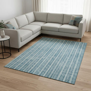 HomeRoots 9' X 12' Teal and Ivory Striped Area Rug - Washable, UV Protected, Stain Resistant for Everyday Use 673896