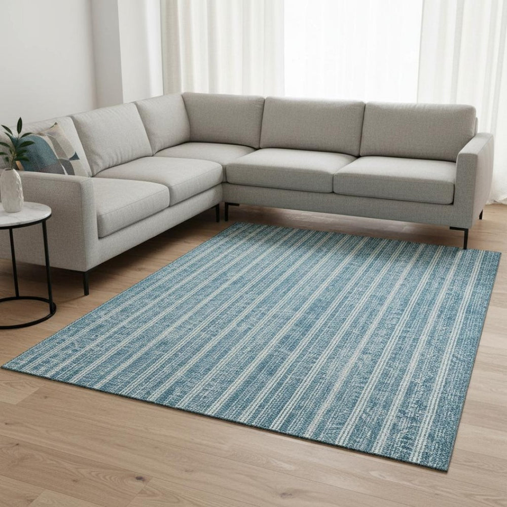 HomeRoots 10' Teal and Ivory Striped Area Rug - Washable, UV-Protected, Durable for High-Traffic Spaces! 673897