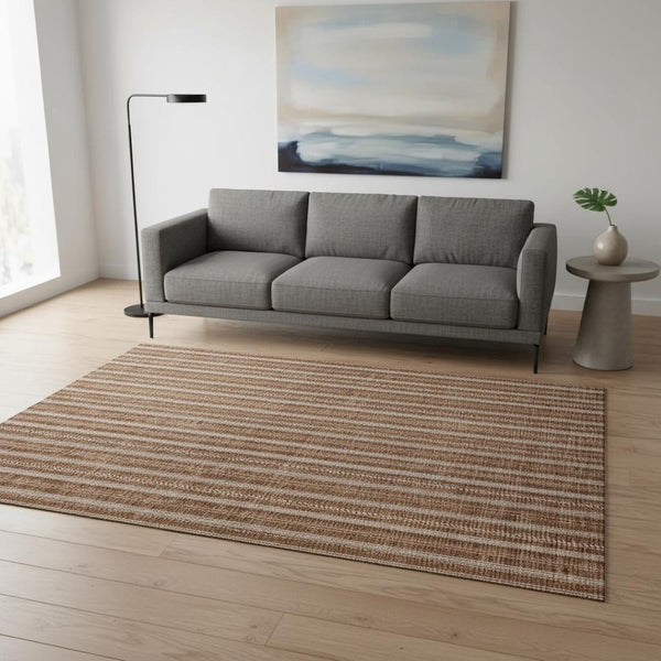 HomeRoots 5' X 8' Striped Washable Area Rug in Terra Cotta & Beige - Durable, UV-Protected, Easy Care Design 673899