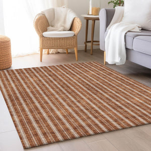 HomeRoots 5' X 8' Striped Washable Area Rug in Terra Cotta & Beige - Durable, UV-Protected, Easy Care Design 673899