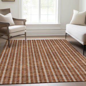 HomeRoots 5' X 8' Striped Washable Area Rug in Terra Cotta & Beige - Durable, UV-Protected, Easy Care Design 673899
