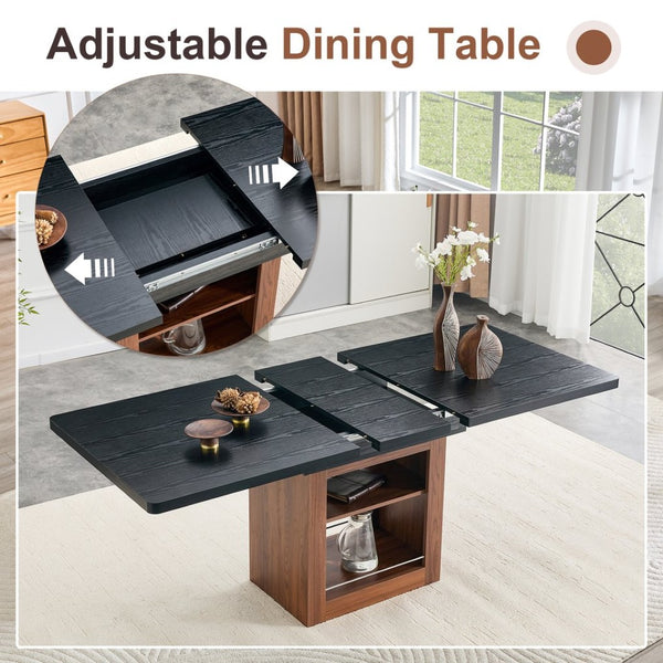 English Elm Scalable Extendable Dining Set Four Chairs Linen Upholstered Walnut Base Modern Walnut+Black W1151S04699
