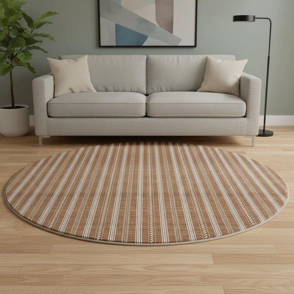HomeRoots 8' Terra Cotta & Beige Striped Round Rug - Washable, UV Protected, Stain Resistant for Easy Care 673900